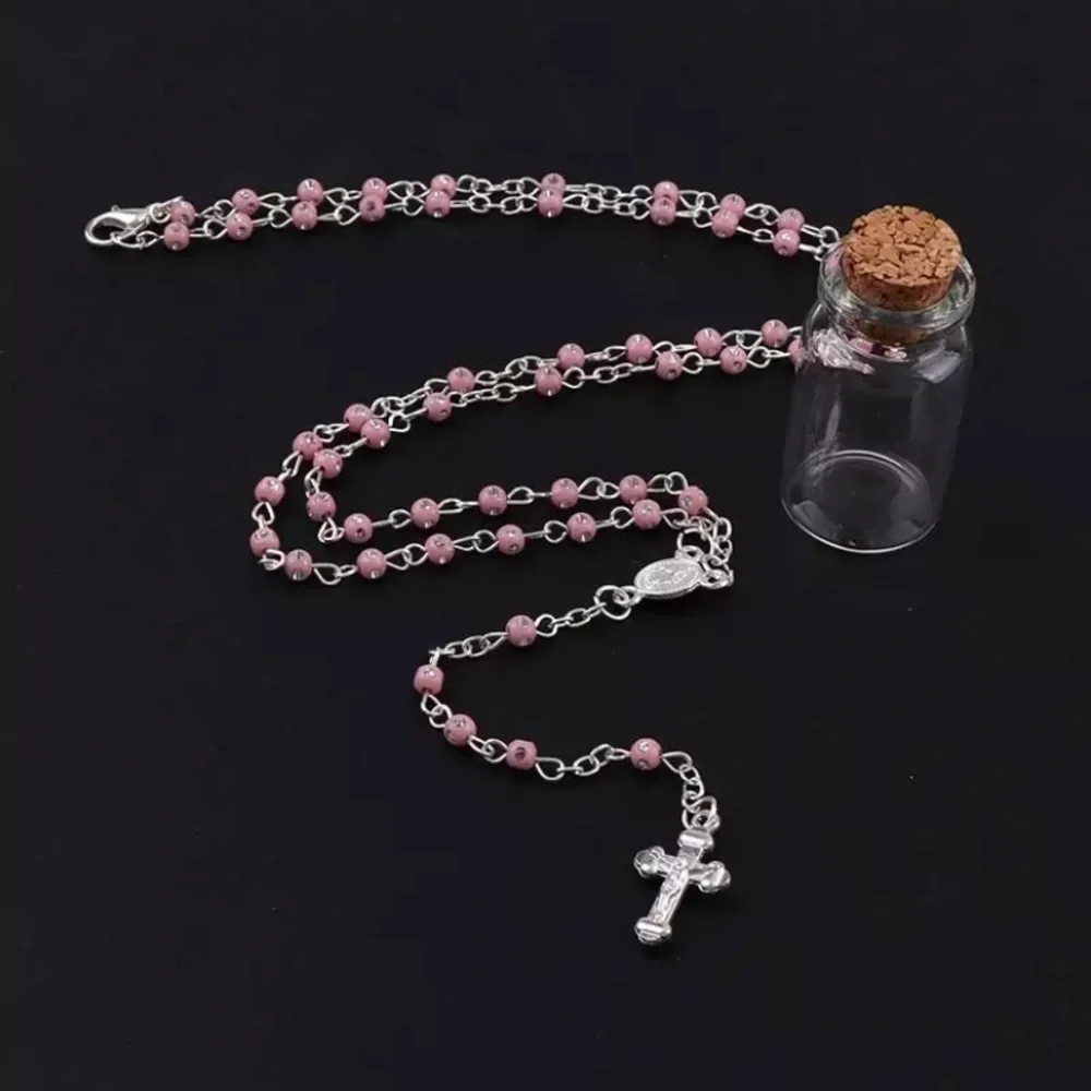 Pink Catholic Holy Rosary With 4mm Beads Silver Crucifix and Chain Accents